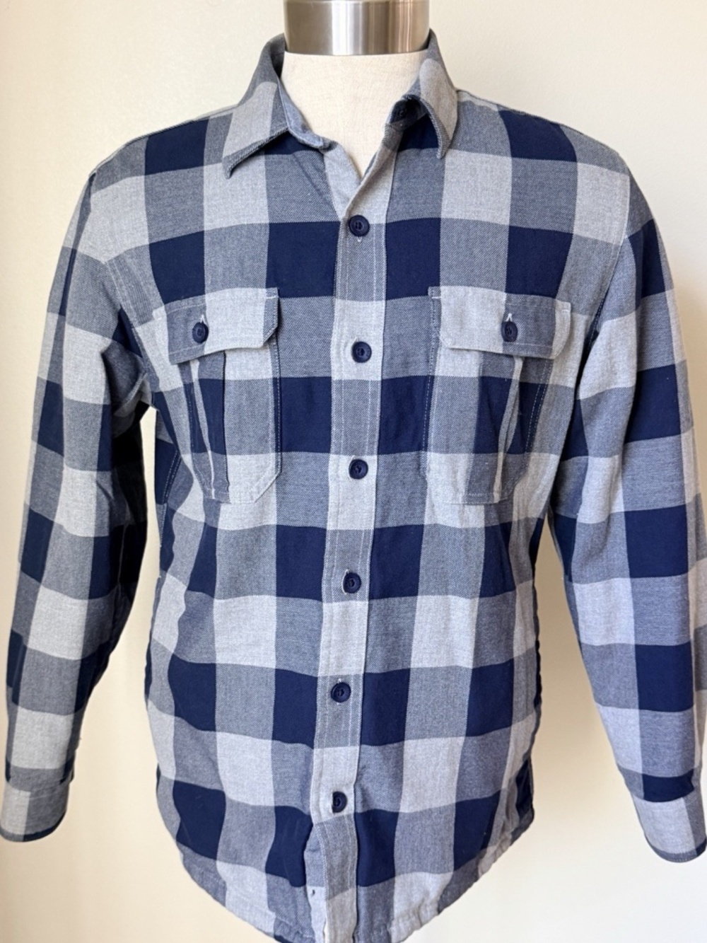 LL Bean Quilted Lined Flannel Shirt Jac Primaloft Insulated Blue Plaid Mens S